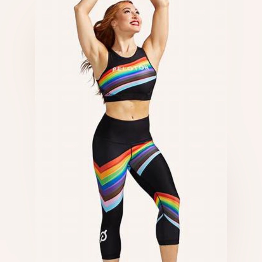 Peloton Pride Flag Noir Sports Bra & High Waist Reversible Capri Leggings, EUC